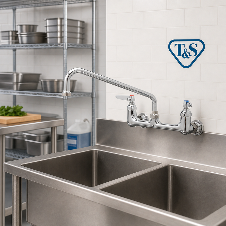 Product image #2 for T&S Brass Double Pantry Wall-Mount Mixing Faucet with 12-Inch Swing Nozzle and 8-Inch Centers