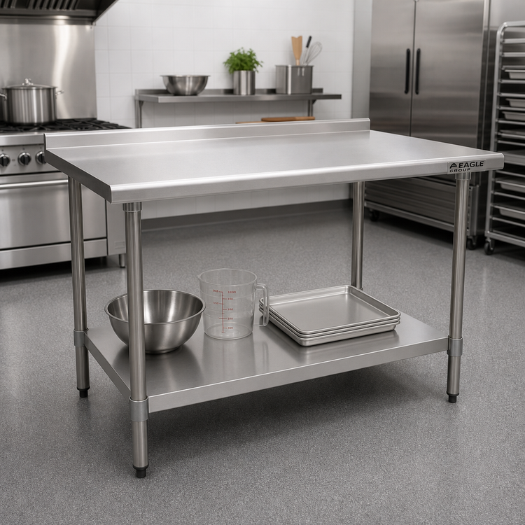 Product image #2 for Eagle Group Budget Series 60-Inch x 36-Inch 430 Stainless Steel Work Table with Rear Up-Turn and Adjustable Undershelf