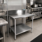 Thumbnail image #2 for BK Resources SVTR5-3030 30 x 30 Inch Stainless Steel Corner Work Table, 18-Gauge 430 Top, 5-Inch Backsplash, Adjustable Undershelf