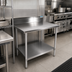 Thumbnail image #2 for BK Resources 30 x 30 18-Gauge 430 Stainless Steel Corner Work Table with 5 Inch Backsplash and Adjustable Undershelf