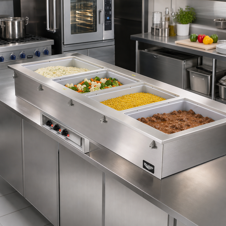 Product image #2 for Vollrath Short-Side 4-Pan Drop-In Hot Well with Marine-Grade Wells, Thermostatic Controls, Auto-Fill and Manifold Drain