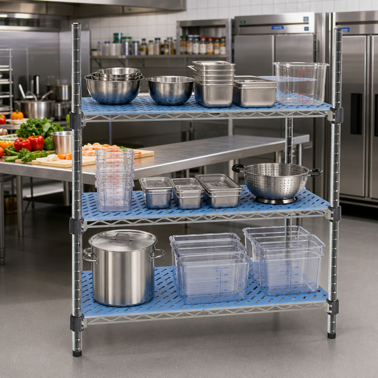 Product image #2 for QuadPlus 36 Inch x 24 Inch Blue Polymer Louvered Shelf Mat with MICROGARD, Gray Epoxy Wire Frame