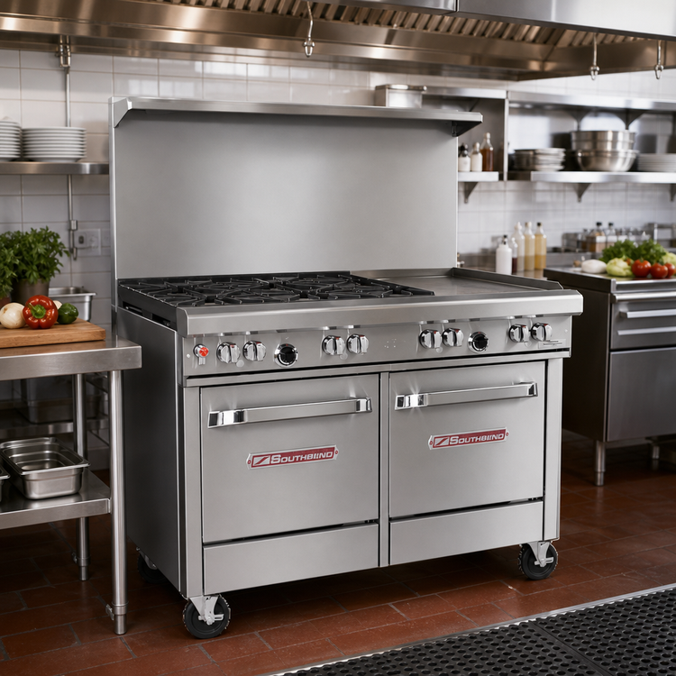 Product image #2 for Southbend Ultimate 48-Inch Gas Restaurant Range with 2 Star/Sauté Burners, 2 Non-Clog Burners, 24-Inch Griddle, Standard Oven, and Cabinet Base