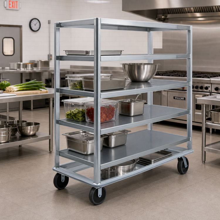 Product image #2 for Heavy-Duty Aluminum Queen Mary Utility Cart, 5 Shelves, 27 x 60 Inches, Flanged-Down Edges