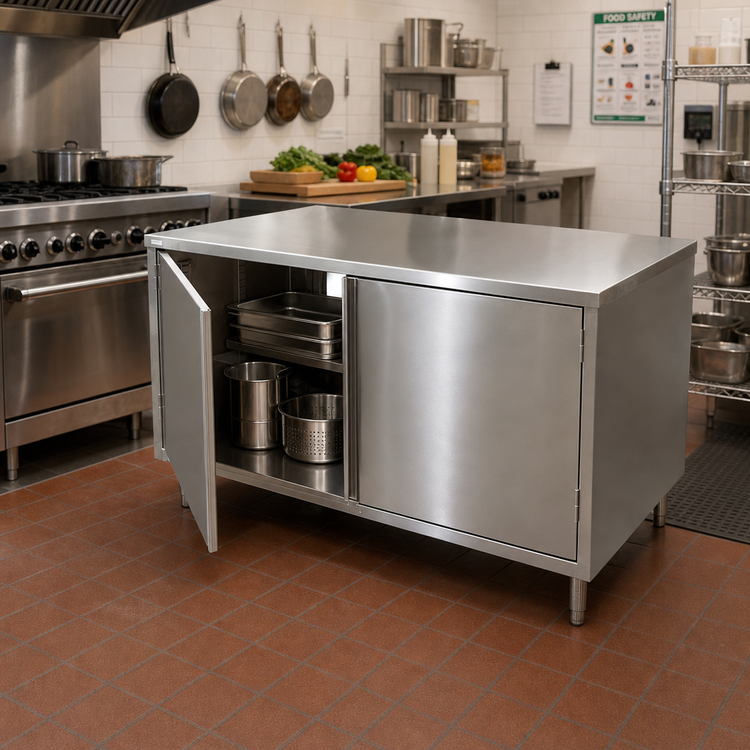 Product image #2 for BK Resources Dual-Access Stainless Steel Cabinet Base Chef Table with Hinged Doors, 48 x 24 x 34-3/4 Inch