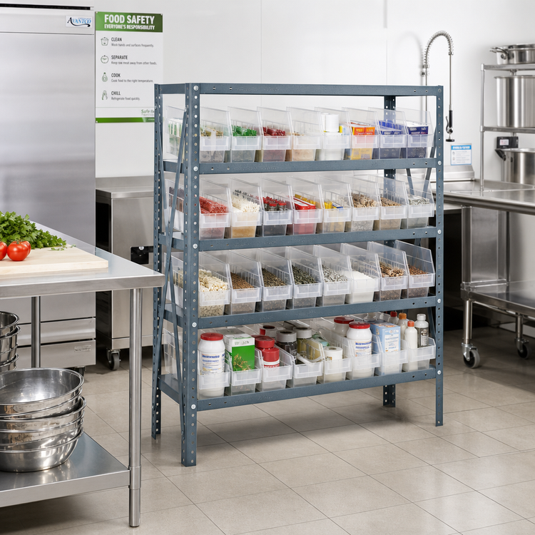 Product image #2 for Quantum Heavy-Duty Galvanized Stationary Wire Shelving Unit, 36 in. x 18 in. x 39 in., 5 Shelves with 32 Clear Bins