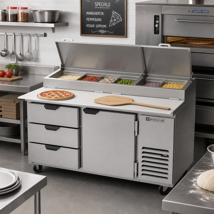 Product image #2 for Beverage-Air DPD67HC-3 67-Inch Two-Section Pizza Top Refrigerated Prep Table with 3 Drawers and 1 Door