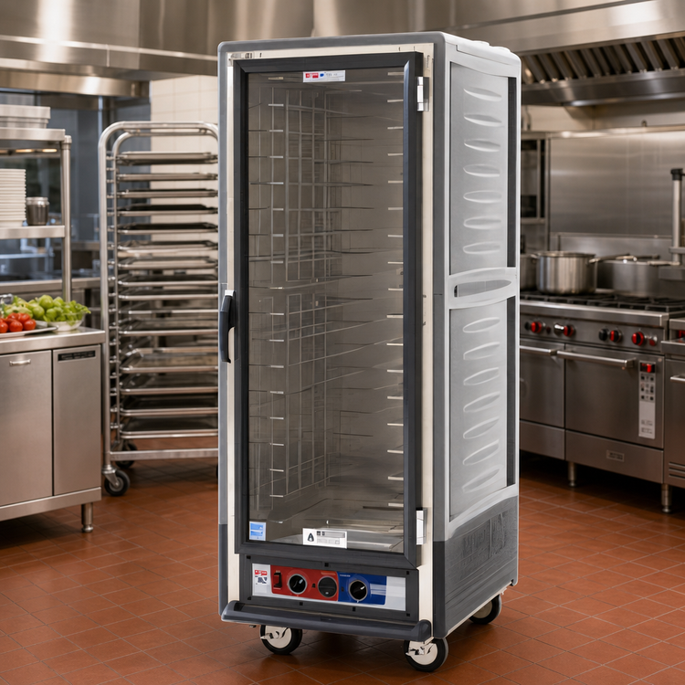 Product image #2 for Metro C5 3 Series Mobile Full-Height Heated Holding Cabinet with Clear Polycarbonate Door, Gray Insulation Armour, and Fixed Wire Slides