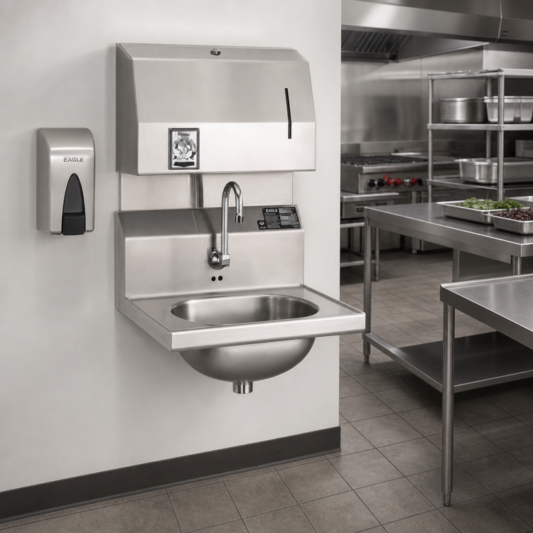 Product image #2 for Eagle Group Wall-Mount 304 Stainless Steel Hand Sink with Electronic Eye Gooseneck Spout, Towel Dispenser and Soap Dispenser