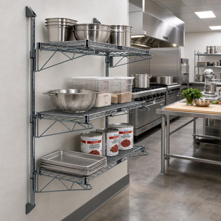 Product image #2 for Quantum Wall-Mounted Cantilever Wire Shelf Starter Unit with 3 Wire Shelves and 54-Inch Posts