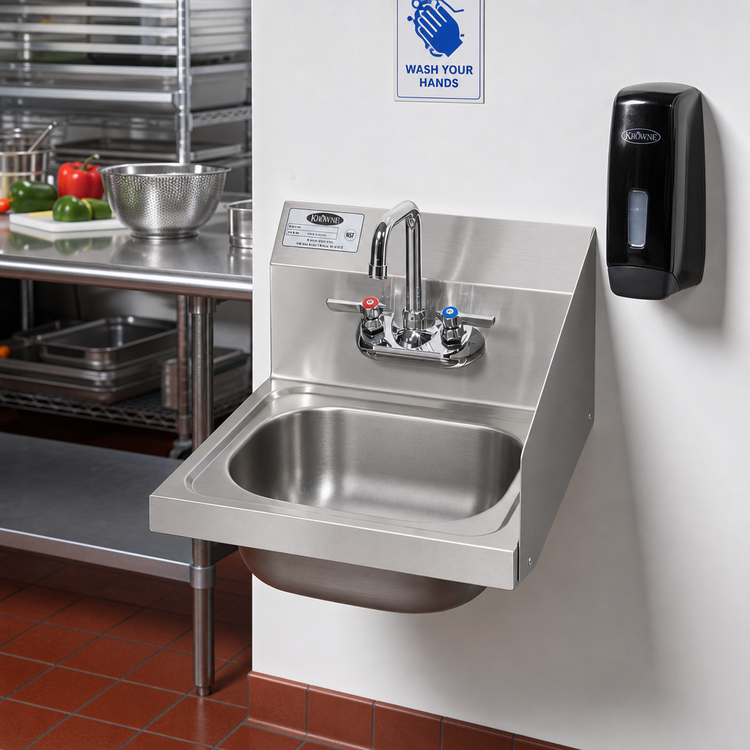 Product image #2 for Krowne Wall-Mounted Stainless Steel Hand Wash Sink with Faucet and Right Side Splash