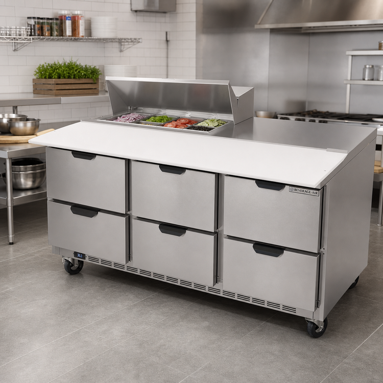 Product image #3 for Beverage-Air 72-Inch Three-Section Sandwich Prep Table Refrigerated Counter with 6 Drawers, 8-Pan Cut Top, and 17-Inch Cutting Board