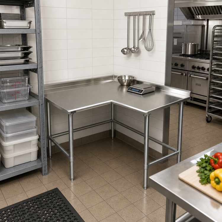Product image #2 for 30" x 30" 14-Gauge 300 Series Stainless Steel Corner Work Table with Rear Upturn and Galvanized Tubular Base