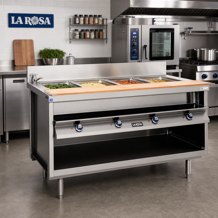 Product image #2 for La Rosa 48-Inch x 32-Inch Electric Modular Hot Food Table with 3 Wet/Dry Wells and Open Cabinet Base