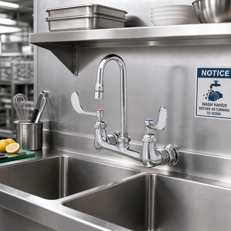 Product image #2 for T&S Brass Double Pantry Faucet, Wall Mount, 8-Inch Centers, 2.2 GPM Swivel Gooseneck