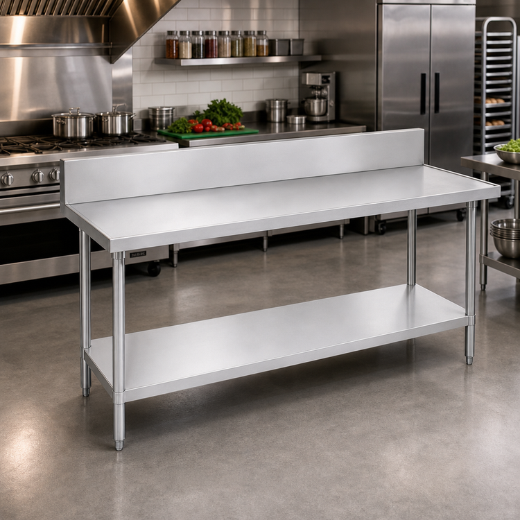 Product image #2 for Advance Tabco 108-Inch 14-Gauge 304 Stainless Steel Work Table with 10-Inch Backsplash and Undershelf