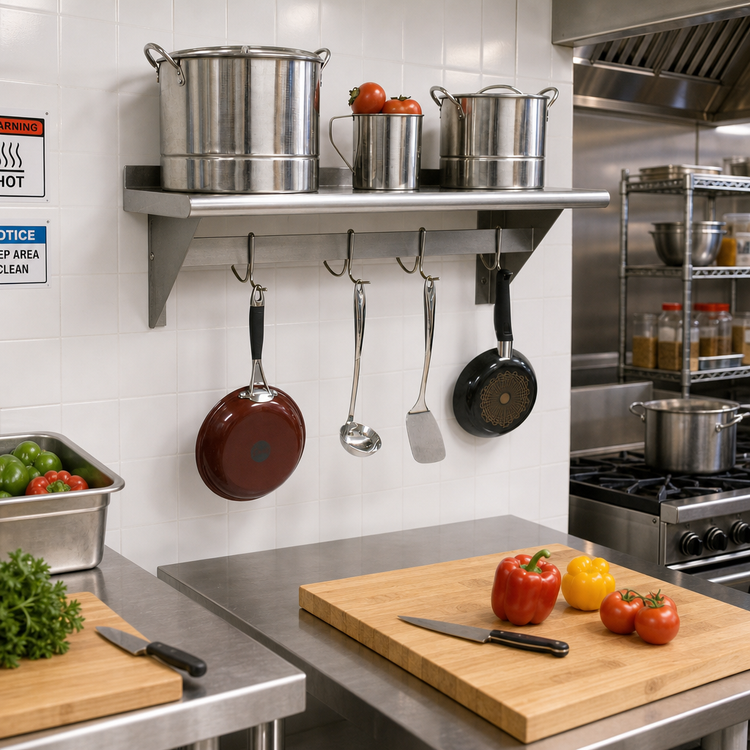 Product image #2 for 36-Inch Wall-Mounted Shelf with Pot Rack, 15-Inch Deep Stainless Steel