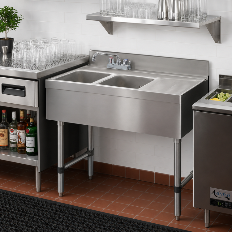 Product image #2 for Advance Tabco Underbar Basics 2-Compartment Stainless Steel Bar Sink Unit with Right Drainboard and Deck-Mount Faucet