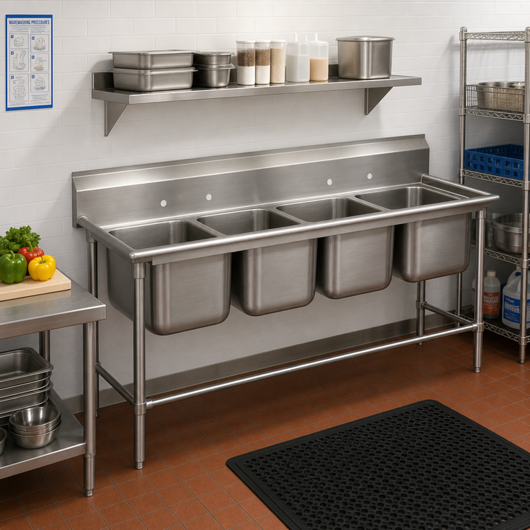 Product image #2 for Advance Tabco Regaline 4-Compartment Floor Model Sink with 11 Inch Splash