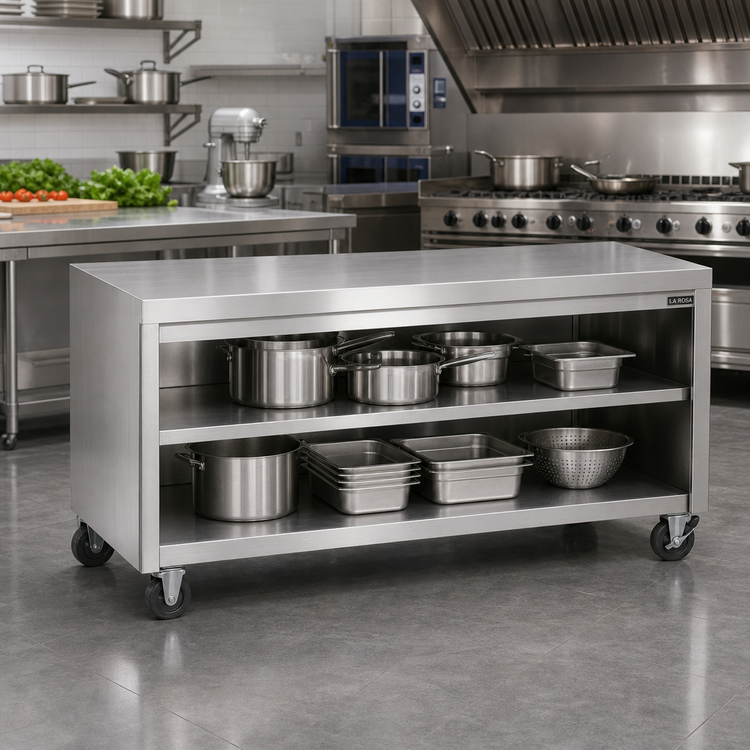 Product image #2 for La Rosa 86-Inch x 28-Inch Mobile Stainless Steel Equipment Stand with Open Cabinet Base