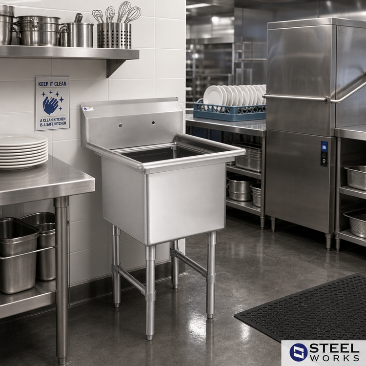 Product image #2 for Steel Works Stainless 1-Compartment 304 Stainless Steel Sink with Legs and Crossrails, 24 x 24 x 14 Inch Bowl