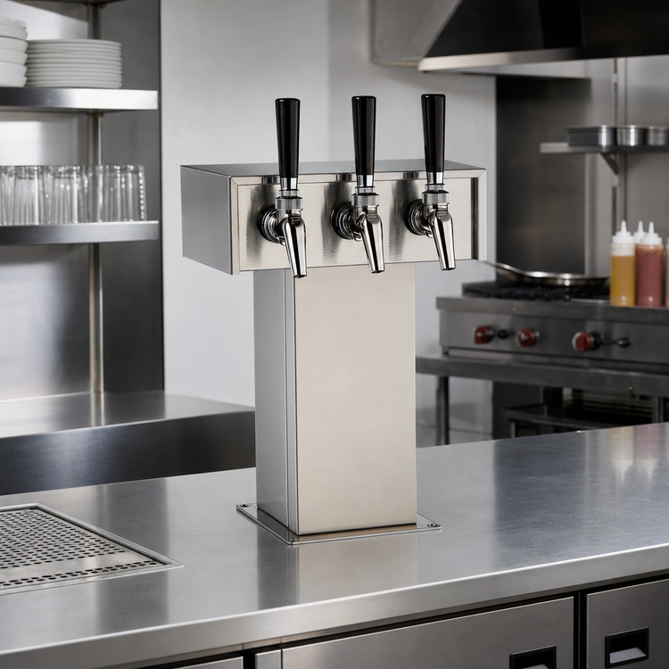 Product image #2 for Perlick Extra High 3-Faucet Countertop Tee Draft Beer Tower, Glycol-Cooled, Polished Chrome