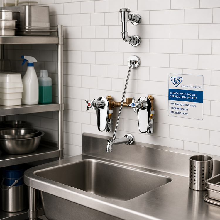 Product image #2 for T&S Brass 8-Inch Wall-Mount Service Sink Faucet with Concealed Mixing Valve, Vacuum Breaker, and Pail Hook Spout