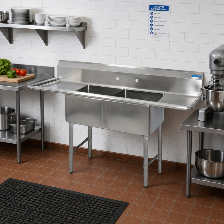 Product image #2 for BK Resources 2-Compartment Stainless Steel Sink with Left and Right Drainboards, 96-Inch Wide
