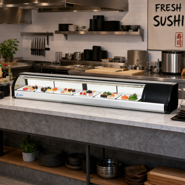 Product image #2 for Everest Refrigeration Countertop Curved Glass Sushi Case with 4 Rear Sliding Glass Doors, Right-Mounted Self-Contained Refrigeration, 82-5/8 Inch, 3.0 Cu. Ft.
