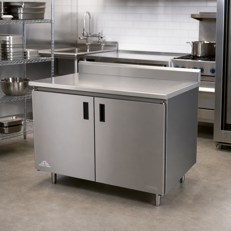 Product image #2 for Advance Tabco Special Value Series Enclosed Work Table with Cabinet Base, 60 x 24 Inches, 16 Gauge 304 Stainless Steel Top