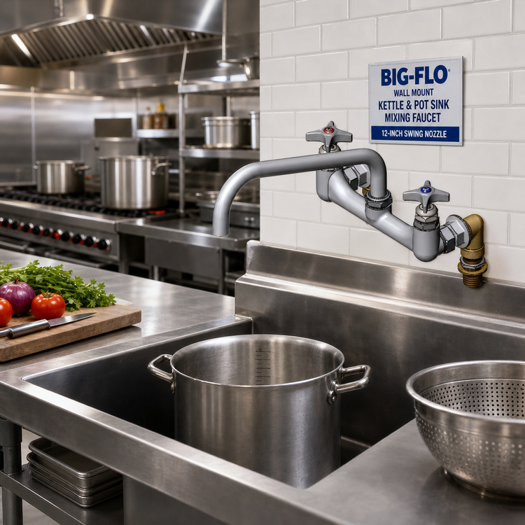 Product image #2 for Big-Flo Wall Mount Kettle and Pot Sink Mixing Faucet with 12-Inch Swing Nozzle