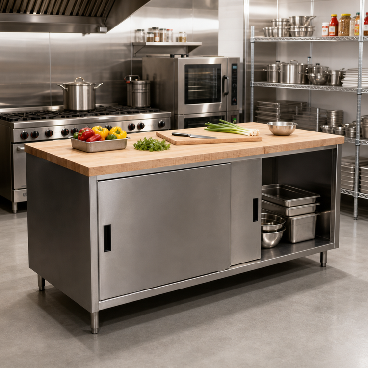 Product image #2 for BK Resources Dual Access Wood Top Chef Table with Cabinet Base and Sliding Doors, 72 x 36 Inches