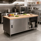 Thumbnail image #2 for BK Resources CMT-3672S2 Dual-Access Hard Maple Top Chef Table with Stainless Steel Cabinet Base and Sliding Doors, 72 x 36 x 34-3/4 Inches