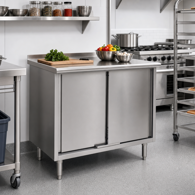 Product image #2 for Spec-Master Enclosed Work Table with Cabinet Base and Sliding Doors, 60 x 24 Inches, 14-Gauge Stainless Steel Top