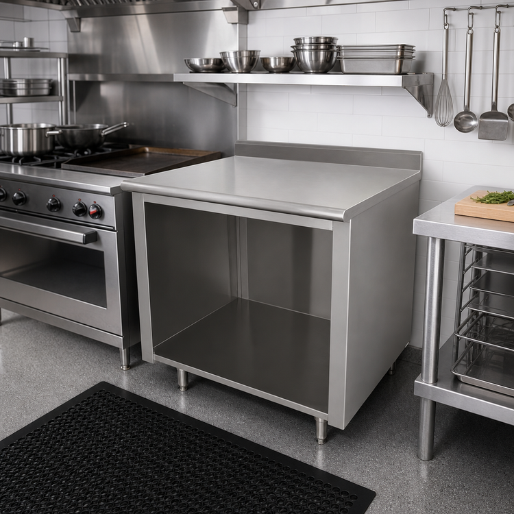 Product image #2 for Open Front Cabinet Base Work Table, 60 x 36 Inches, 14 Gauge 304 Stainless Steel Top, 5-Inch Backsplash