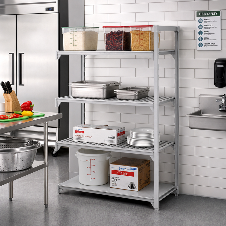 Product image #3 for Cambro Camshelving Premium Stationary Add-On Polymer Shelving Unit, 30"W x 24"D x 64"H, 4-Tier, 3 Vented + 1 Solid Shelf Plates, Speckled Gray