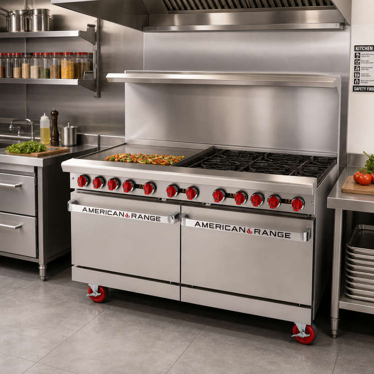 Product image #2 for American Range 60-Inch Gas Restaurant Range with 36-Inch Left Griddle, 4 Open Burners, Left Convection Oven, and Right Storage Base