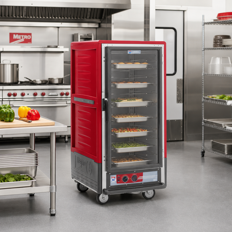 Product image #2 for Metro C5 3 Series Mobile 3/4 Height Heated Holding Cabinet with Clear Door and Universal Wire Slides, Red, 120V