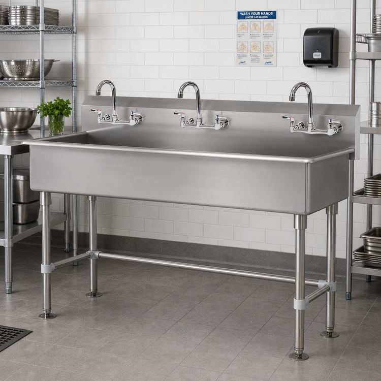 Product image #2 for Advance Tabco 60-Inch Freestanding 3-Station Multiwash Hand Sink with 3 Gooseneck Faucets