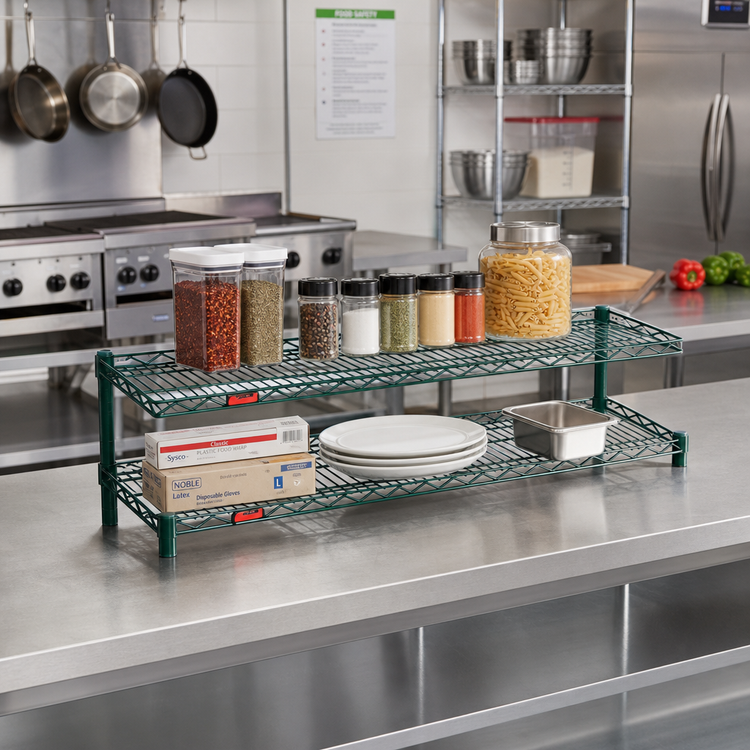 Product image #2 for QuadTruss 2-Tier Front Case Cantilevered Wire Merchandise Shelving Unit, 30"W x 14"D x 14"H, Green Epoxy Finish