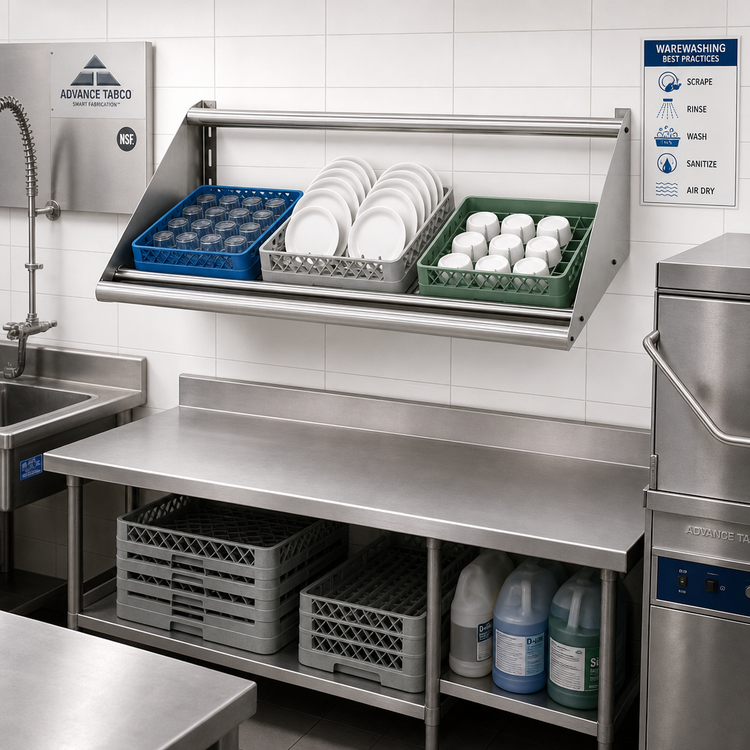 Product image #2 for Advance Tabco 62-Inch Wall-Mounted Tubular Sorting Shelf for 3 Full-Size Dish Racks