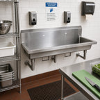 Thumbnail image #2 for BK Resources MSHS-60W1B Two-Station Wall-Mounted 304 Stainless Steel Hand Wash Sink, 60-Inch Wide, 8-Inch Deep Bowl, Faucet Not Included