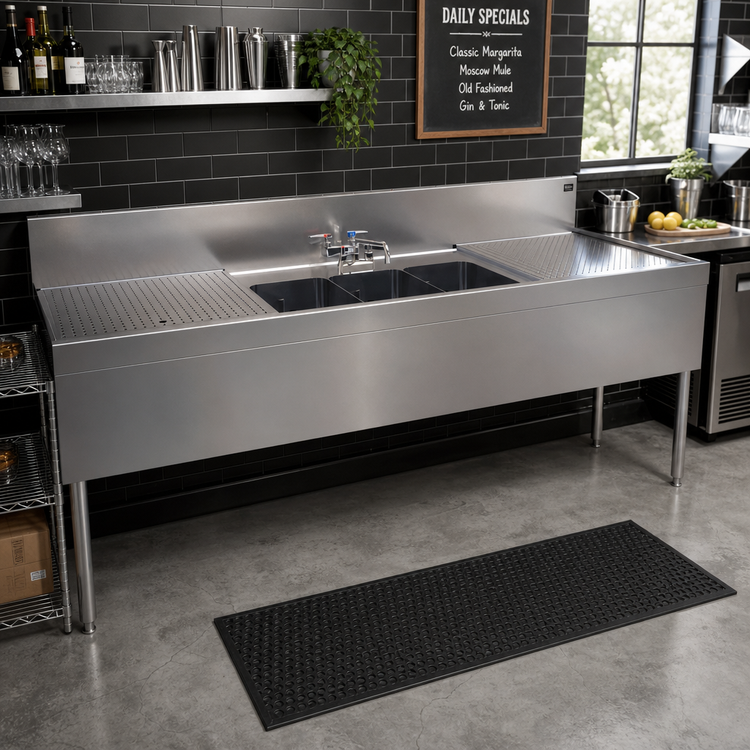 Product image #2 for Glastender Three-Compartment Underbar Sink Unit with Dual Drainboards, 84 Inch W x 24 Inch D, Stainless Steel