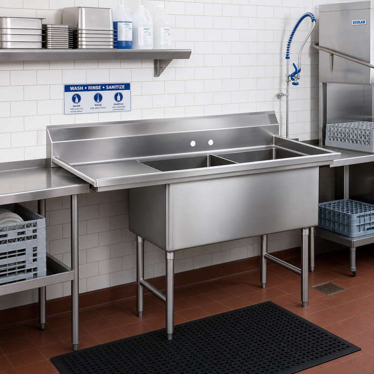 Product image #2 for Advance Tabco 2-Compartment Fabricated Sink with Left-Hand Drainboard, 18 x 24 x 14-Inch Bowls, 16-Gauge 304 Stainless Steel