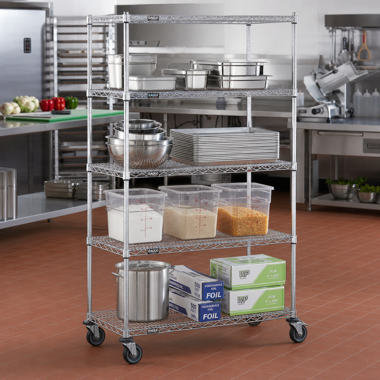 Product image #2 for Eagle Group 4-Tier Chrome-Plated Wire Dolly Truck with 48" x 21" Shelves, Poly Casters