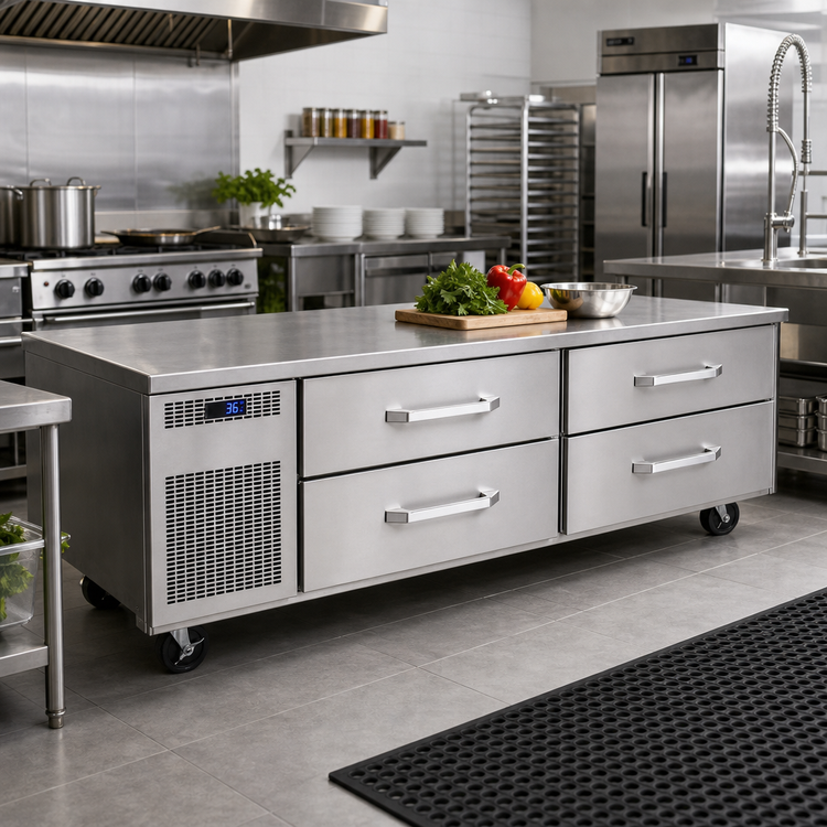Product image #2 for Randell 105-Inch Self-Contained Refrigerated Chef Base Equipment Stand with 6 Drawers and Left-Side Mounted Compressor