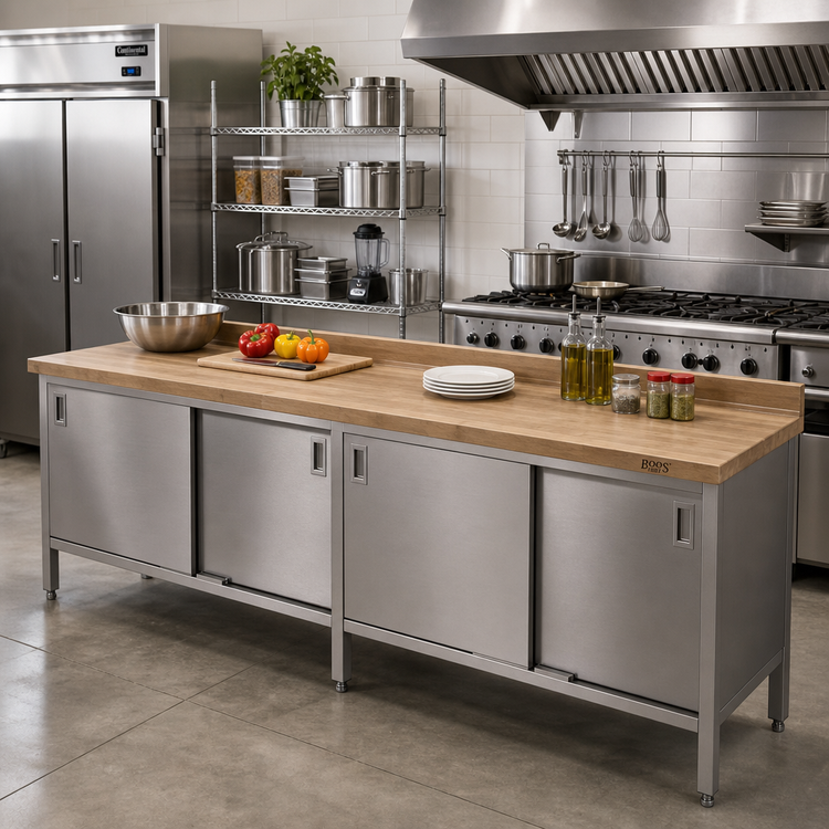 Product image #2 for John Boos 132-Inch Wood Top Work Table with Stainless Steel Cabinet Base and Sliding Doors