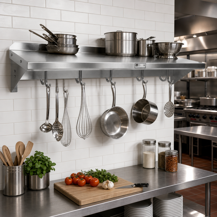 Product image #2 for John Boos Stallion 72 Inch Wall-Mount 14 Gauge Stainless Steel Pot Rack Shelf with 6 Hooks