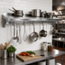 Thumbnail image #2 for John Boos Stallion 72 Inch Wall-Mount 14 Gauge Stainless Steel Pot Rack Shelf with 6 Hooks