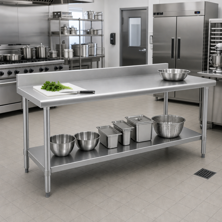 Product image #2 for Spec-Master Marine Series 144 x 36-Inch Stainless Steel Work Table with 4-1/2-Inch Backsplash and Adjustable Undershelf